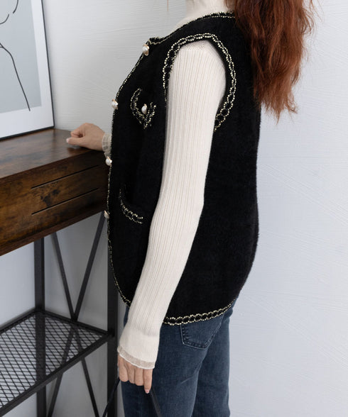 モヘア風ニットベストレディース韓国風秋服 ラメ入りジレベスト ノースリーブジャケット 前開きトップスパールボタン 羽織り お洒落ライトアウター きれいめフェミニン 21SHANGYI-081