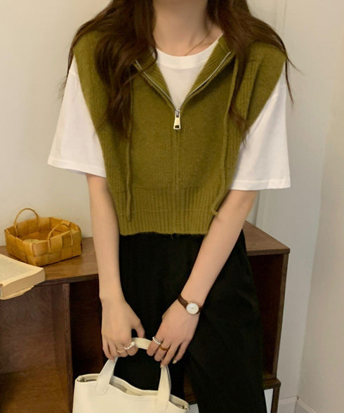 フード付きジップニットベスト ショート丈 ニットジレレディース 重ね着 ノースリーブニットパーカー ニットセーター 韓国風チョッキVネック 学院風前開きジレ 無地 21SHANGYI-082