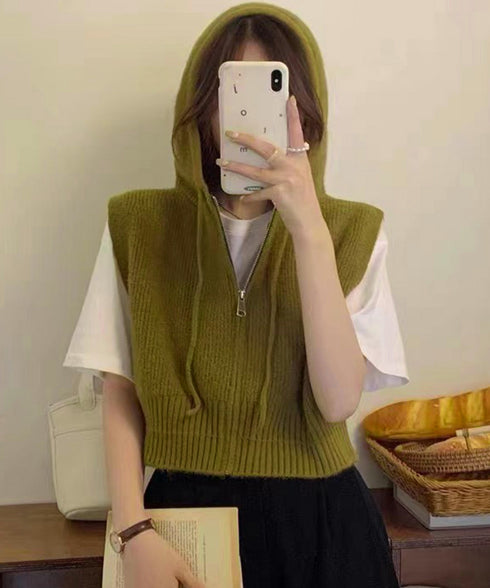 フード付きジップニットベスト ショート丈 ニットジレレディース 重ね着 ノースリーブニットパーカー ニットセーター 韓国風チョッキVネック 学院風前開きジレ 無地 21SHANGYI-082