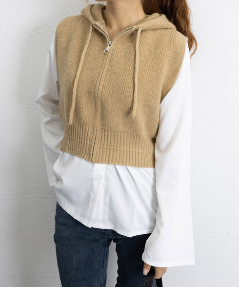 フード付きジップニットベスト ショート丈 ニットジレレディース 重ね着 ノースリーブニットパーカー ニットセーター 韓国風チョッキVネック 学院風前開きジレ 無地 21SHANGYI-082