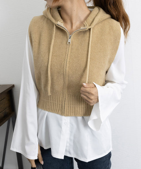 フード付きジップニットベスト ショート丈 ニットジレレディース 重ね着 ノースリーブニットパーカー ニットセーター 韓国風チョッキVネック 学院風前開きジレ 無地 21SHANGYI-082
