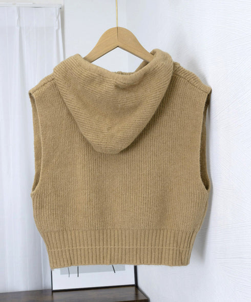 フード付きジップニットベスト ショート丈 ニットジレレディース 重ね着 ノースリーブニットパーカー ニットセーター 韓国風チョッキVネック 学院風前開きジレ 無地 21SHANGYI-082