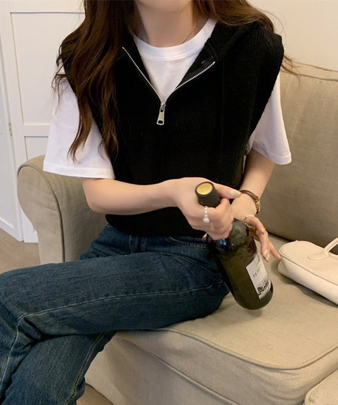 フード付きジップニットベスト ショート丈 ニットジレレディース 重ね着 ノースリーブニットパーカー ニットセーター 韓国風チョッキVネック 学院風前開きジレ 無地 21SHANGYI-082