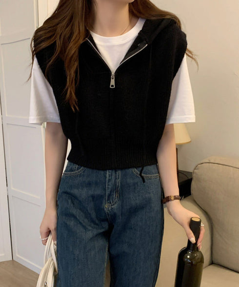 フード付きジップニットベスト ショート丈 ニットジレレディース 重ね着 ノースリーブニットパーカー ニットセーター 韓国風チョッキVネック 学院風前開きジレ 無地 21SHANGYI-082