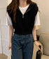 フード付きジップニットベスト ショート丈 ニットジレレディース 重ね着 ノースリーブニットパーカー ニットセーター 韓国風チョッキVネック 学院風前開きジレ 無地 21SHANGYI-082