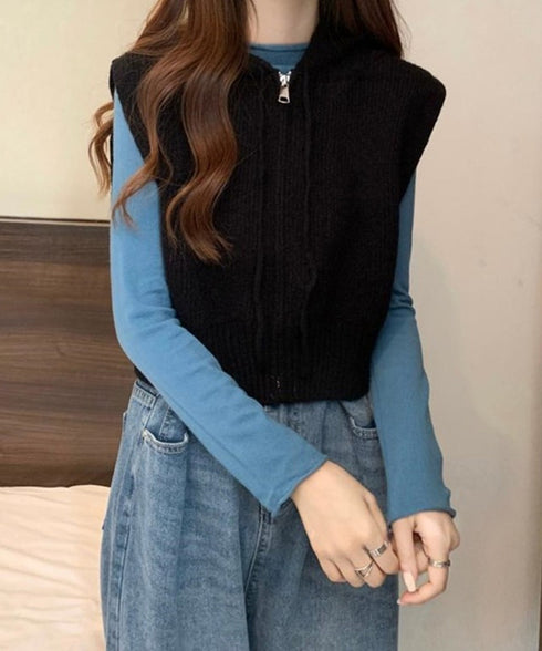 フード付きジップニットベスト ショート丈 ニットジレレディース 重ね着 ノースリーブニットパーカー ニットセーター 韓国風チョッキVネック 学院風前開きジレ 無地 21SHANGYI-082