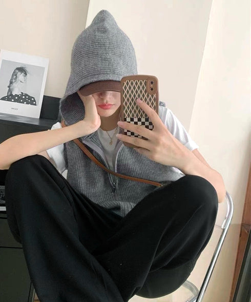 フード付きジップニットベスト ショート丈 ニットジレレディース 重ね着 ノースリーブニットパーカー ニットセーター 韓国風チョッキVネック 学院風前開きジレ 無地 21SHANGYI-082