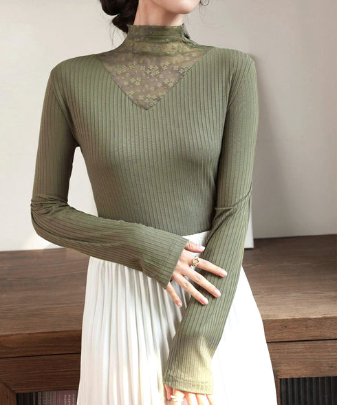 レースカットソー切り替えインナートップス 花柄レーストップス レイヤードトップスレディース ストレッチシアー リブトップス シースルー透け薄手肌着 重ね着シャツ 21SHANGYI-084