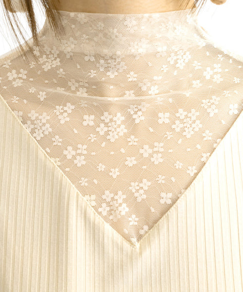 レースカットソー切り替えインナートップス 花柄レーストップス レイヤードトップスレディース ストレッチシアー リブトップス シースルー透け薄手肌着 重ね着シャツ 21SHANGYI-084