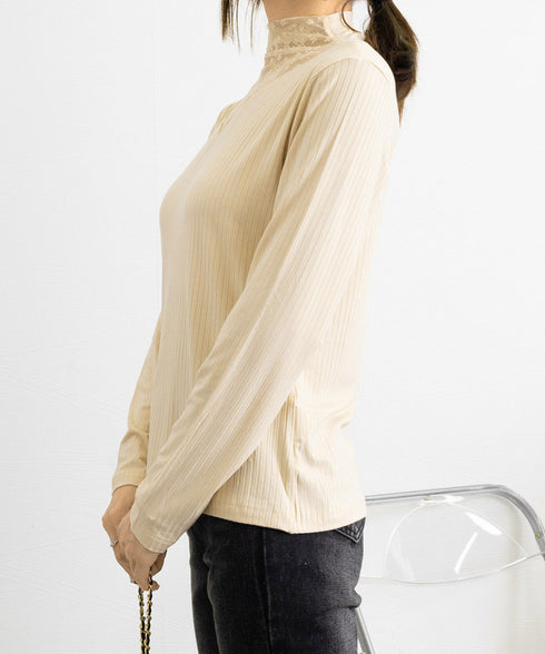 レースカットソー切り替えインナートップス 花柄レーストップス レイヤードトップスレディース ストレッチシアー リブトップス シースルー透け薄手肌着 重ね着シャツ 21SHANGYI-084