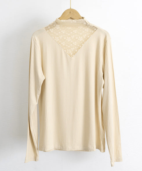 レースカットソー切り替えインナートップス 花柄レーストップス レイヤードトップスレディース ストレッチシアー リブトップス シースルー透け薄手肌着 重ね着シャツ 21SHANGYI-084