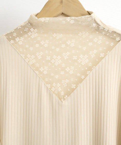 レースカットソー切り替えインナートップス 花柄レーストップス レイヤードトップスレディース ストレッチシアー リブトップス シースルー透け薄手肌着 重ね着シャツ 21SHANGYI-084