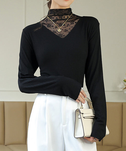 レースカットソー切り替えインナートップス 花柄レーストップス レイヤードトップスレディース ストレッチシアー リブトップス シースルー透け薄手肌着 重ね着シャツ 21SHANGYI-084