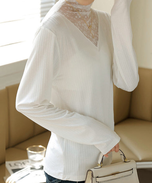 レースカットソー切り替えインナートップス 花柄レーストップス レイヤードトップスレディース ストレッチシアー リブトップス シースルー透け薄手肌着 重ね着シャツ 21SHANGYI-084