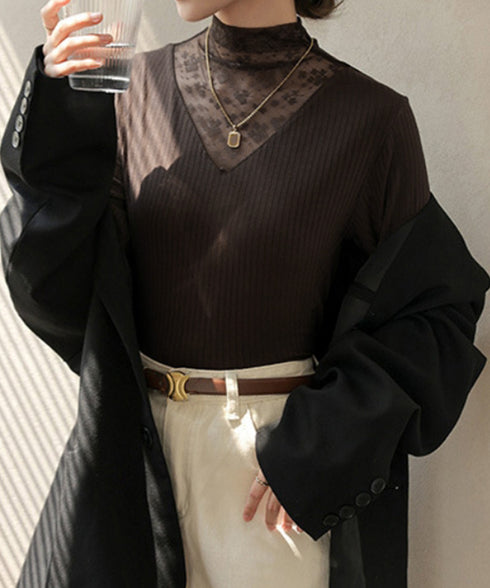 レースカットソー切り替えインナートップス 花柄レーストップス レイヤードトップスレディース ストレッチシアー リブトップス シースルー透け薄手肌着 重ね着シャツ 21SHANGYI-084