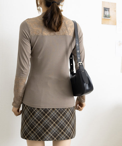 レースカットソー切り替えインナートップス レーストップス シアーシースルートップス レディース レイヤードトップス 薄手肌着 フェミニン 重ね着 細身tシャツ透け 21SHANGYI-085