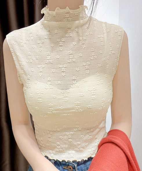 総レースインナートップスレディース韓国風 メロウフリル ハイネックブラウス レースブラウス フリルネック 重ね着 きれいめ フェミニン 白黒 シースルー セクシー 21SHANGYI-086