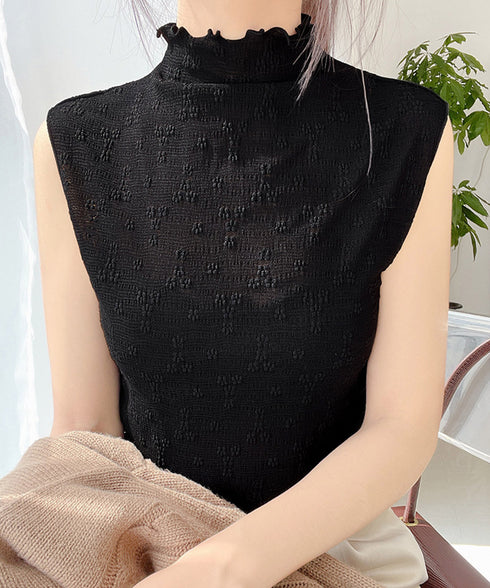 総レースインナートップスレディース韓国風 メロウフリル ハイネックブラウス レースブラウス フリルネック 重ね着 きれいめ フェミニン 白黒 シースルー セクシー 21SHANGYI-086