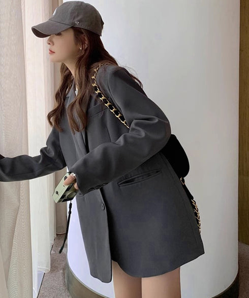 テーラードジャケット レディースアウター 肩パッド入りオーバーサイズジャケット ライトアウターポケット付き 20代30代40代おしゃれトップス オフィスカジュアル 21SHANGYI-087