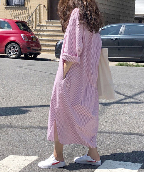 シャツワンピース大きめレディースゆったり ストライプシャツワンピ ロングワンピースミモレ丈 カジュアル ボリュームスリーブシャツカーディガンサイドスリット 韓国風 21SHANGYI-088
