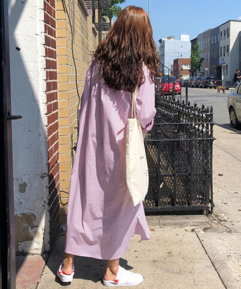 シャツワンピース大きめレディースゆったり ストライプシャツワンピ ロングワンピースミモレ丈 カジュアル ボリュームスリーブシャツカーディガンサイドスリット 韓国風 21SHANGYI-088