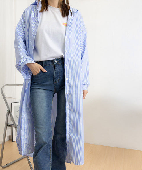 シャツワンピース大きめレディースゆったり ストライプシャツワンピ ロングワンピースミモレ丈 カジュアル ボリュームスリーブシャツカーディガンサイドスリット 韓国風 21SHANGYI-088