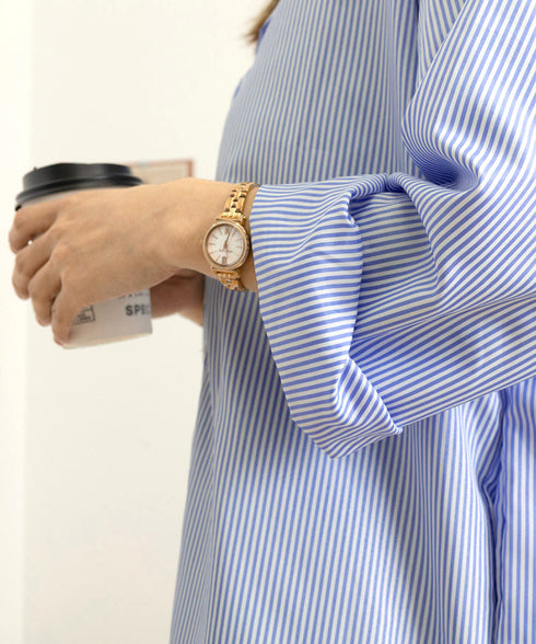 シャツワンピース大きめレディースゆったり ストライプシャツワンピ ロングワンピースミモレ丈 カジュアル ボリュームスリーブシャツカーディガンサイドスリット 韓国風 21SHANGYI-088