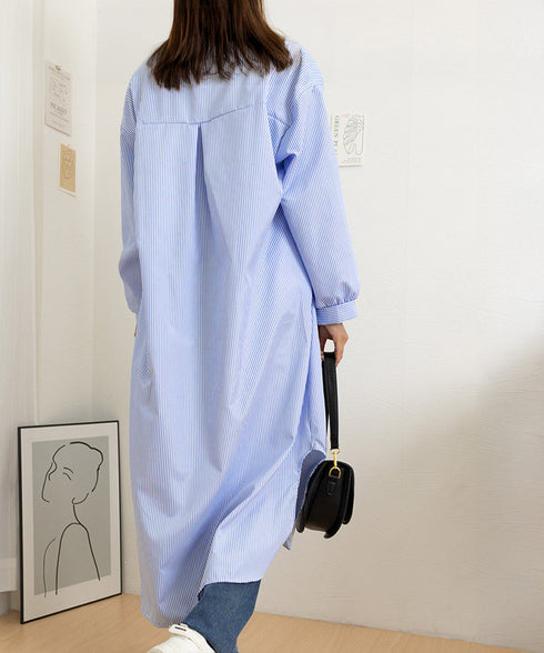 シャツワンピース大きめレディースゆったり ストライプシャツワンピ ロングワンピースミモレ丈 カジュアル ボリュームスリーブシャツカーディガンサイドスリット 韓国風 21SHANGYI-088
