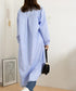 シャツワンピース大きめレディースゆったり ストライプシャツワンピ ロングワンピースミモレ丈 カジュアル ボリュームスリーブシャツカーディガンサイドスリット 韓国風 21SHANGYI-088