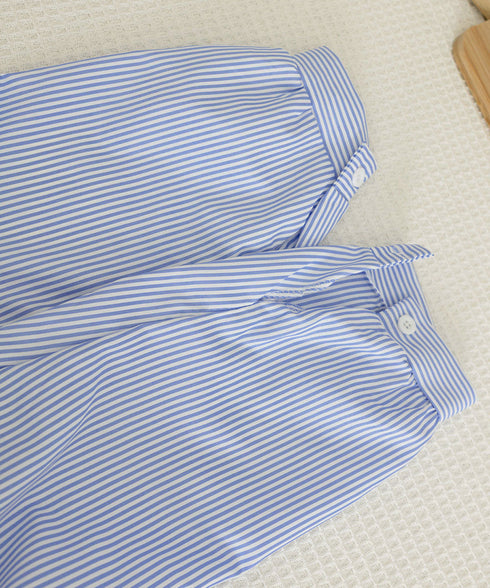 シャツワンピース大きめレディースゆったり ストライプシャツワンピ ロングワンピースミモレ丈 カジュアル ボリュームスリーブシャツカーディガンサイドスリット 韓国風 21SHANGYI-088