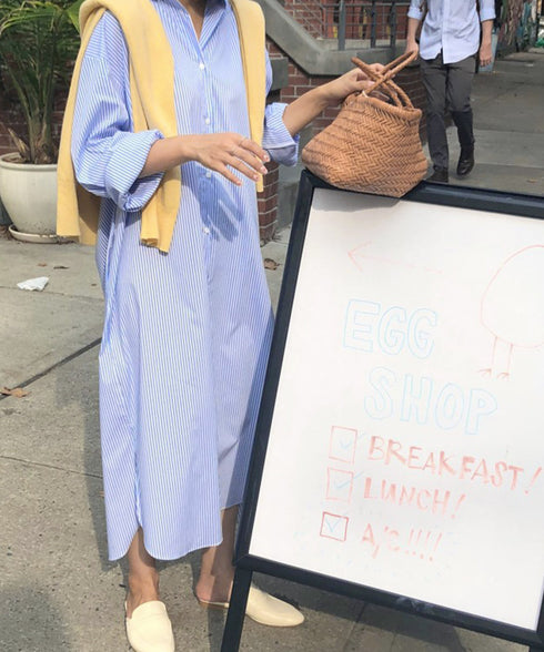 シャツワンピース大きめレディースゆったり ストライプシャツワンピ ロングワンピースミモレ丈 カジュアル ボリュームスリーブシャツカーディガンサイドスリット 韓国風 21SHANGYI-088