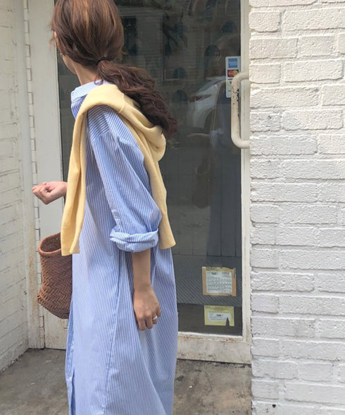 シャツワンピース大きめレディースゆったり ストライプシャツワンピ ロングワンピースミモレ丈 カジュアル ボリュームスリーブシャツカーディガンサイドスリット 韓国風 21SHANGYI-088