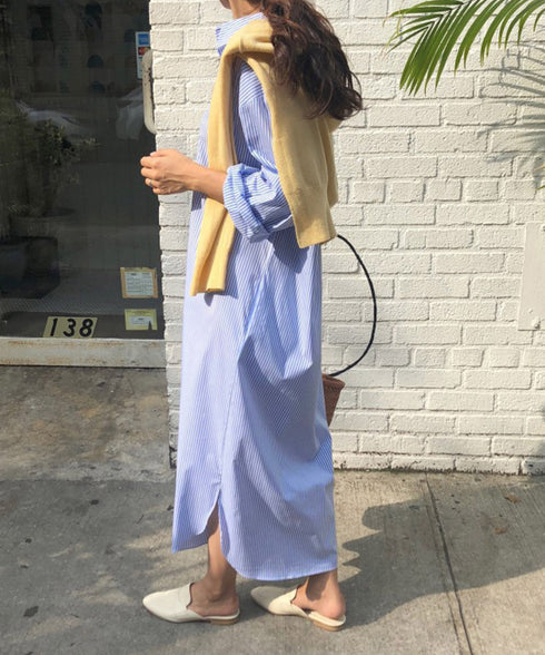 シャツワンピース大きめレディースゆったり ストライプシャツワンピ ロングワンピースミモレ丈 カジュアル ボリュームスリーブシャツカーディガンサイドスリット 韓国風 21SHANGYI-088