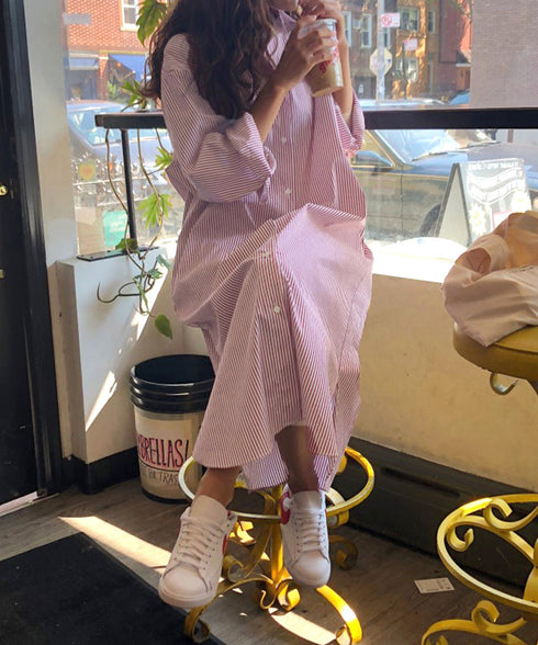 シャツワンピース大きめレディースゆったり ストライプシャツワンピ ロングワンピースミモレ丈 カジュアル ボリュームスリーブシャツカーディガンサイドスリット 韓国風 21SHANGYI-088