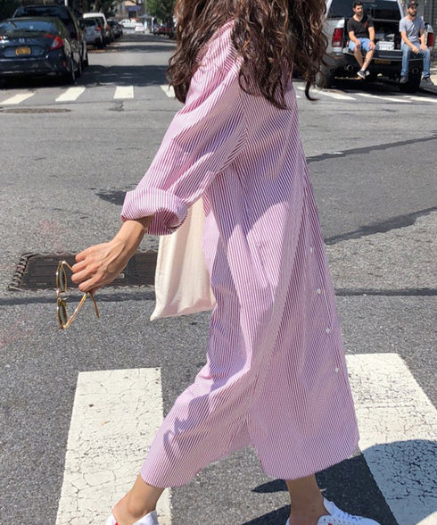 シャツワンピース大きめレディースゆったり ストライプシャツワンピ ロングワンピースミモレ丈 カジュアル ボリュームスリーブシャツカーディガンサイドスリット 韓国風 21SHANGYI-088