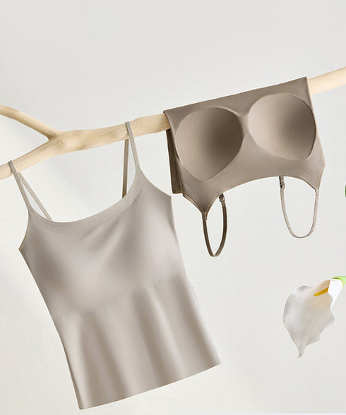 カップ付きキャミソール 韓国風ブラトップ Uネックキャミソール シームレスキャミレディース ノンワイヤー ベーシック肌着 涼やか 薄手 ブラ一体型インナーウェア夏 21SHANGYI-089