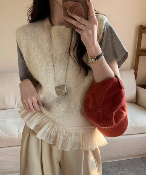 ニットベスト レディースチョッキ 重ね着 フリルベスト 韓国ファッション レイヤードコーデ ノースリーブニットトップス 着やせニットジレ 春秋冬 プルオーバー無地 21SHANGYI-094