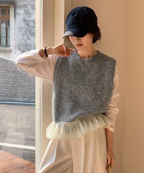 ニットベスト レディースチョッキ 重ね着 フリルベスト 韓国ファッション レイヤードコーデ ノースリーブニットトップス 着やせニットジレ 春秋冬 プルオーバー無地 21SHANGYI-094