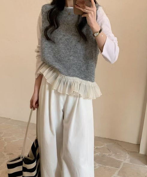 ニットベスト レディースチョッキ 重ね着 フリルベスト 韓国ファッション レイヤードコーデ ノースリーブニットトップス 着やせニットジレ 春秋冬 プルオーバー無地 21SHANGYI-094