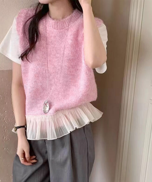 ニットベスト レディースチョッキ 重ね着 フリルベスト 韓国ファッション レイヤードコーデ ノースリーブニットトップス 着やせニットジレ 春秋冬 プルオーバー無地 21SHANGYI-094