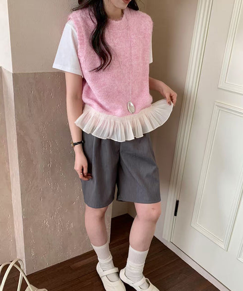 ニットベスト レディースチョッキ 重ね着 フリルベスト 韓国ファッション レイヤードコーデ ノースリーブニットトップス 着やせニットジレ 春秋冬 プルオーバー無地 21SHANGYI-094