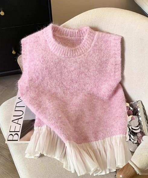 ニットベスト レディースチョッキ 重ね着 フリルベスト 韓国ファッション レイヤードコーデ ノースリーブニットトップス 着やせニットジレ 春秋冬 プルオーバー無地 21SHANGYI-094