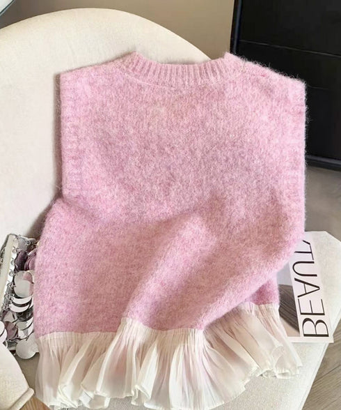 ニットベスト レディースチョッキ 重ね着 フリルベスト 韓国ファッション レイヤードコーデ ノースリーブニットトップス 着やせニットジレ 春秋冬 プルオーバー無地 21SHANGYI-094