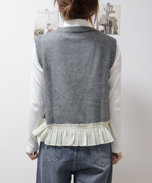 ニットベスト レディースチョッキ 重ね着 フリルベスト 韓国ファッション レイヤードコーデ ノースリーブニットトップス 着やせニットジレ 春秋冬 プルオーバー無地 21SHANGYI-094