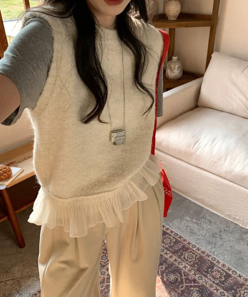 ニットベスト レディースチョッキ 重ね着 フリルベスト 韓国ファッション レイヤードコーデ ノースリーブニットトップス 着やせニットジレ 春秋冬 プルオーバー無地 21SHANGYI-094