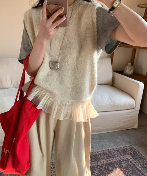 ニットベスト レディースチョッキ 重ね着 フリルベスト 韓国ファッション レイヤードコーデ ノースリーブニットトップス 着やせニットジレ 春秋冬 プルオーバー無地 21SHANGYI-094