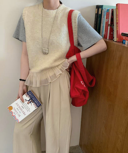 ニットベスト レディースチョッキ 重ね着 フリルベスト 韓国ファッション レイヤードコーデ ノースリーブニットトップス 着やせニットジレ 春秋冬 プルオーバー無地 21SHANGYI-094