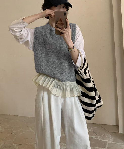 ニットベスト レディースチョッキ 重ね着 フリルベスト 韓国ファッション レイヤードコーデ ノースリーブニットトップス 着やせニットジレ 春秋冬 プルオーバー無地 21SHANGYI-094