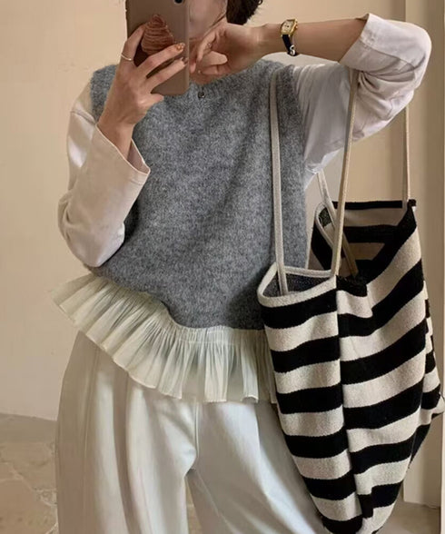 ニットベスト レディースチョッキ 重ね着 フリルベスト 韓国ファッション レイヤードコーデ ノースリーブニットトップス 着やせニットジレ 春秋冬 プルオーバー無地 21SHANGYI-094