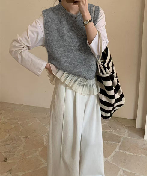 ニットベスト レディースチョッキ 重ね着 フリルベスト 韓国ファッション レイヤードコーデ ノースリーブニットトップス 着やせニットジレ 春秋冬 プルオーバー無地 21SHANGYI-094